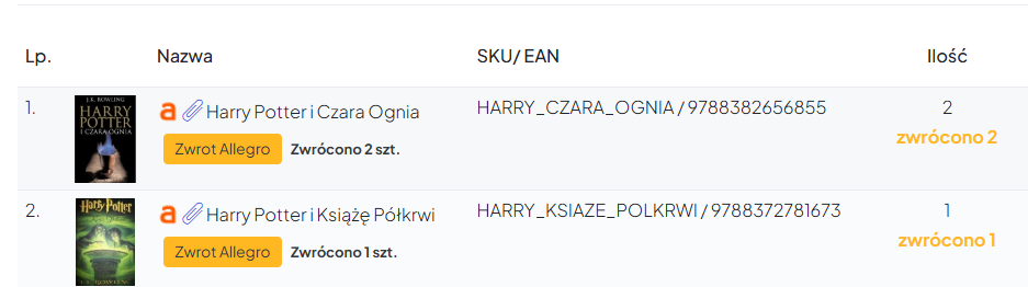 Zamówienie w Apilo z produktami oznaczonymi przez Resynco jako Zwrot Allegro i liczbą zwróconych sztuk.